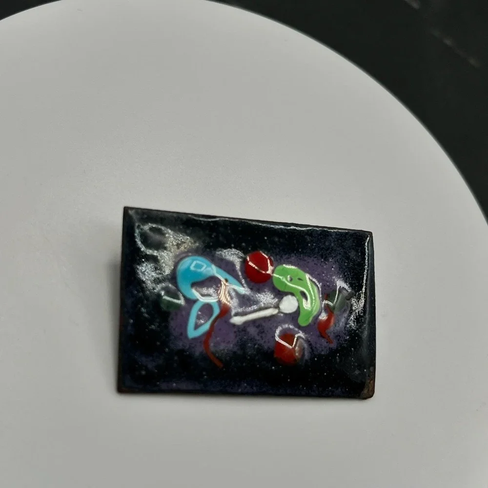 Vintage Multicolor Classic Rectangular‎ Abstract Art Enameled Copper Brooch Pin